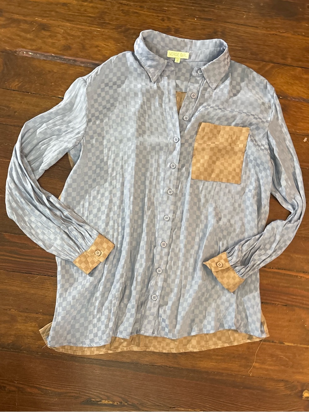 Verge girl blue tan checkered long sleeve button down shiny top size 8